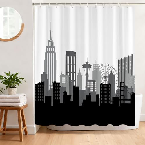 BREASOME Rideau de Douche Anti Moisissure 180 x 180 cm Rideau Douche Noir et Blanc Architecture Tissu Polyester Imperméable Lavable Rideau Baignoire avec 12 Crochets