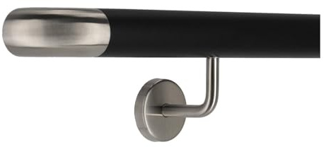 TIBU Handlauf Edelstahl schwarz 30-600cm Treppengeländer Innen und Außen mit gewinkelte Handlaufhalter, Länge 60 cm mit 2 Halter und Bogen zur Wand