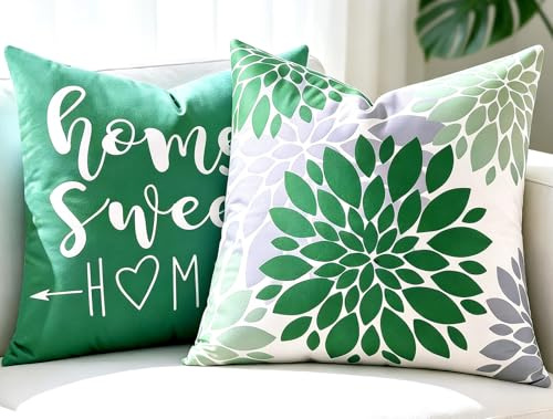 Grün Kissenbezug 40x40 Frühling, Kissenbezüge Blumen, 2 Stück Kissenhülle Landhausstil, Sofa Polsterbezug Waschbar, Zierkissenbezug Dekorativ für Wohnzimmer Schlafzimmer Garten Sofakissen Couchkissen
