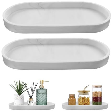 Plateau Salle de Bain, XIATIAN 2 Pièces Motif Marbre Blanc Plateau Decoratif Ovale, Plateau de Rangement en Silicone Antidérapant pour Cuisine, Évier, Lavabo, Coiffeuse