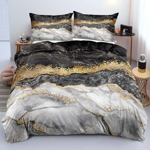 Luowei Bettwäsche 135x200 cm 2tlg Marmor Gold Schwarz, Mikrofaser | Oeko-TEX Atmungsaktiv Bettwäsche Set Modern Ästhetisches Design Bettbezug mit Reißverschluss und Kissenbezüge 80x80cm