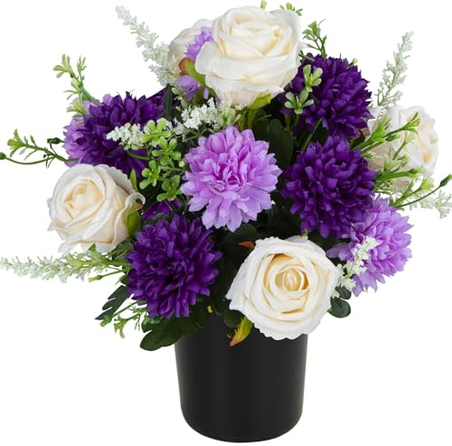SIFOEL Artificial Grave Flowers for Cemetery, Artificial Chrysanthemums & Rose, Memorial Decorative Funeral Flower in pot for Grave Graveside Outdoor Indoor Decoration (1pc, Purple)