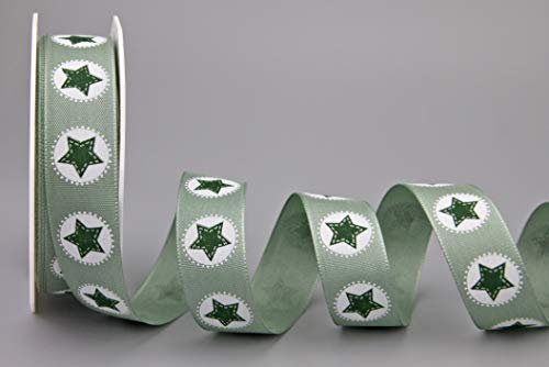 Dekoband Vintage Stars LINDGRÜN/Dunkelgrün 20 m x 25 mm Geschenkband Altgrün Textilband mit Druck Schleifenband Geschenkverpackung Advent Weihnachten Sterne Sternenband ohne Draht