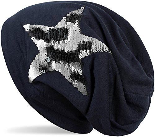 styleBREAKER Damen Long-Beanie Pailletten-Stern | Glitzernde Wendepailletten-Applikation, Slouch-Style, Stretchanteil, 25,5 cm Bundweite, Einheitsgröße für Erwachsene.