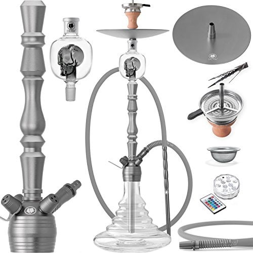 DILAW® Vatos Shisha Set Hookah 93cm Aluminium Alu + LED Licht | Wasserpfeife Kaminkopf Komplettset Molassefänger Silikonschlauch Alumundstück Tabakkopf Kaminaufsatz 18/8 Kopfschliff, Grau