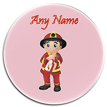 Unigift personalisierbares Geschenk – Feuerwehrmann mit Feuerlöscher, runder glänzender Untersetzer (kariertes Design, Farbe), einzigartige Untersetzer – rote Uniform