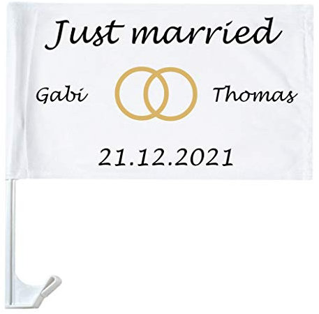 Autofahne Hochzeit mit Namen personalisiert Autoflagge Wunschname Heirat Just Married 1