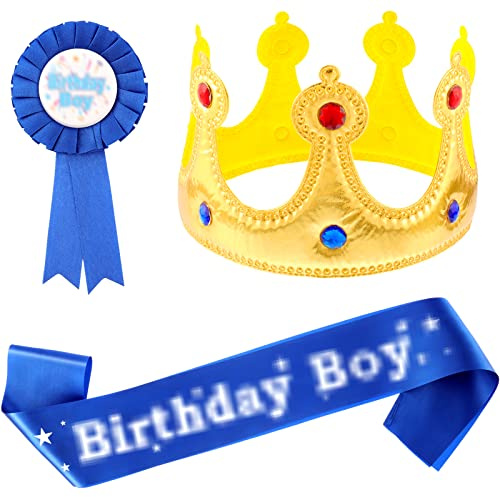 WILLBOND Birthday King Crown, Birthday Sash and Button Pins Party Accessory Set for Boys Kids Party Decorations