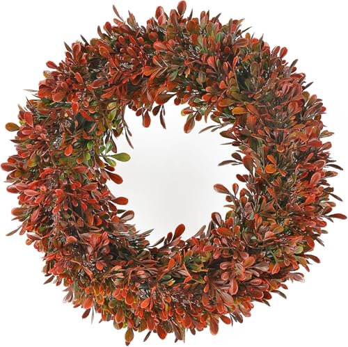 HUAESIN Türkranz Künstliche Eukalyptus Kranz Herbst Deko Wandkranz Kunstpflanzen Herbstkranz für Hochzeit Garten Fenster Kamin Halloween Outdoor Feiern Weihnachten Deko Rot
