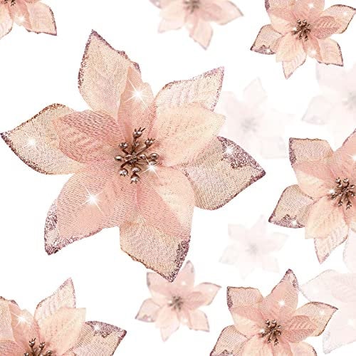 WILLBOND 36 Stück Weihnachten Glitzer Weihnachtsstern Blumen Künstliche Blumen Hochzeit Glitzer Weihnachtsbaum Neujahr Ornamente (Roségold, 3 Zoll, 4 Zoll, 6 Zoll)