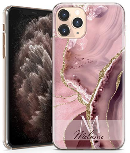TULLUN Personalisierte Handyhülle für iPhone 11 - Klare Hartplastik Benutzerdefinierte Swash Pink Gold Marmor Buchstabe Initialen Name Text - Initialen Name