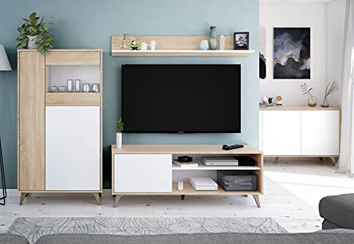 Miroytengo Pack Muebles De Salón Kikua Plus Estilo Nórdico Roble Y Blanco Artik (Mesa TV + Estante + Vitrina + Aparador)