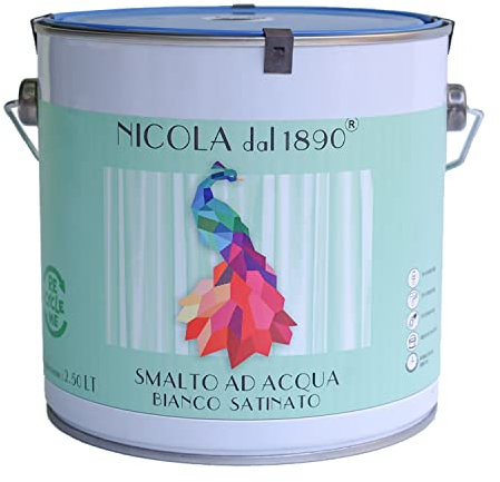 NICOLA VERNICI Smalto Acrilico a Base di Acqua, Per Interni ed Esterni, Made in Italy, Bianco Satinato - Formato 2,5 lt