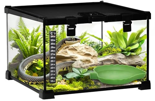 PawHut Glass Reptile Terrarium Insect Breeding Tank Vivarium Habitats with Thermometer for Lizards, Horned Frogs, Snakes, Spiders - Small 30 x 30 x 20cm