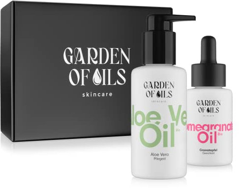 „Trockene Haut“ Naturkosmetik Pflegeöl Set - Garden of Oils® - Geschenkbox bestehend aus Aloe Vera Körperöl und Granatapfel Gesichtsöl – Bio & Vegan - Made in Germany