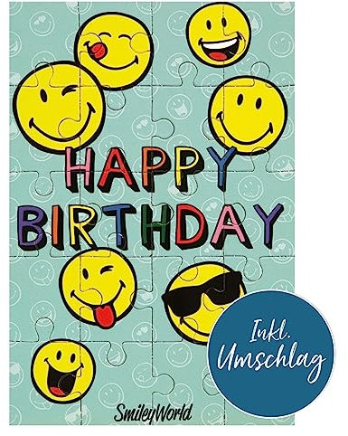 bsb - Puzzle Karte zum Geburtstag 11,5 x 17,0 cm - hochwertige Geburtstagskarte zum Puzzeln mit Umschlag - schöne Geburtstagskarten für Kinder - Glückwunschkarte Happy Birthday mit Smileymotiv