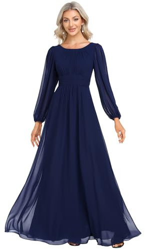 Ever-Pretty Damen Abendkleider Lange Ärmel Chiffon Rundkragen Ärmellos Elegant Navy Blau 36EU