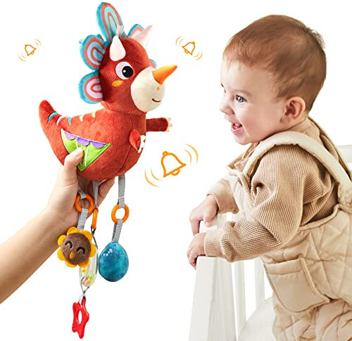 Dinosaurier Plüsch Rassel Spielzeug,Baby Hängespielzeug für 0,3,6,9,12 Monate,Weiches Quietsches Spielzeug Eingebautes Windspiel,Klangpapier,Aktivität Spielzeug Geschenk für Kleinkind(Triceratops)