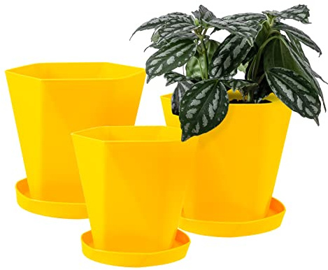 Sun-E Lot de 3 pots de fleurs pour plantes d'intérieur avec trous de drainage et soucoupes, idée cadeau décorative moderne (jaune terre cuite)