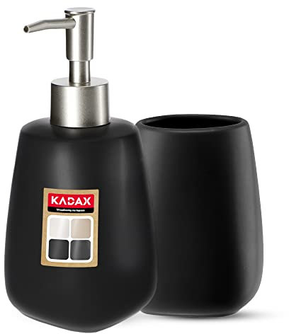 KADAX Juego de 2 Piezas de Cerámica para Baño - Dispensador de Jabón, Vaso, Jabonera y Escobilla de Inodoro (Taza y Dispensador Negro)