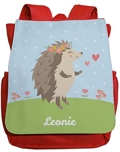 minimutz Kindergartenrucksack Mädchen mit Name | Personalisierter Rucksack Igel Blumenkranz für Kinder | Kleiner Freizeitrucksack Kinderrucksack Kita Kindergarten 2-5 Jahre (rot)