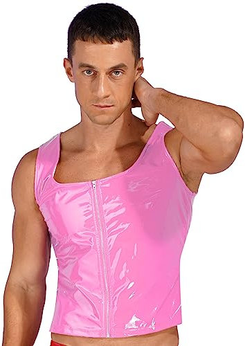 JanJean Tank Top Homme Sexy Débardeur en Faux Cuir Maillot De Corps Tenue Festival Carnaval Fête Crop Top Wetlook Gilet De Soirée Clubwear Rose 3XL