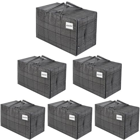 VENO 6er-Pack strapazierfähige große Aufbewahrungstasche mit Deckel, starke Griffe und Reißverschlüssen für Umzug, Kleideraufbewahrung, Hausbedarf, wasserabweisend (Schwarzes Fenstertuch, 6er-Pack)