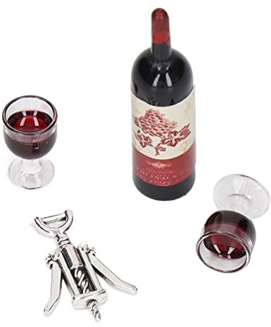 Keenso Maison de Poupée Ensemble de Vin Rouge, 1/12 Simulation Bouteilles de Vin Rouge Ouvre-Bouteille en Verre de Vin Rouge Mini Décoration de Maison de Poupée