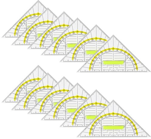 RAYN 12 Pezzi Squadra Geometrica in Plastica Squadrette Nautiche con Impugnatura Estraibile Trasparente 14CM Squadra Goniometro
