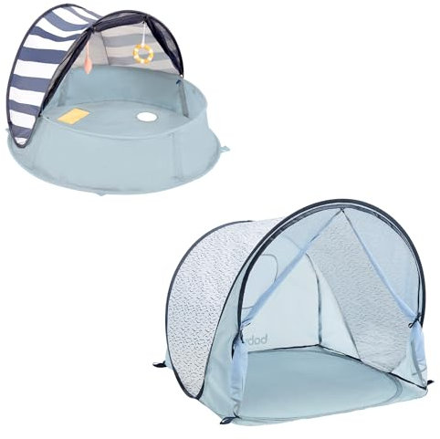 Babymoov Lot Anti-UV FPS 50+ avec Aquani Marinière, 3 en 1 Aire de Jeux, Lit d'appoint, Piscine & Tente Pop-up Blue Waves, Moustiquaire inclus
