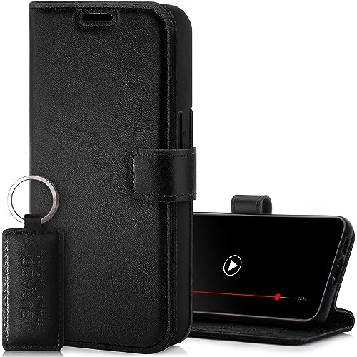 SURAZO Handyhülle für Apple iPhone 15 Pro Hülle Leder – Klappbar Echtleder Schutzhülle [ Magnet, Kartenfach, RFID Schutz, Standfunktion ] Flip Klapphülle Wallet Case Cover Lederhülle (Schwarz)