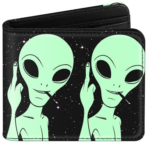 Miss Adola Wallet for Boys Mens Leather RFID Wallet with Zip Pocket, Bi-fold Wallet Cute Kawaii Cartoon Cool Credit Card Holder Minimalist Slim Coin Purse for Teens Girls Kids, Two Alien