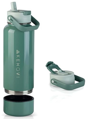 KEHOVI Doppelwandige, isolierte Wasserflasche mit Aufbewahrung, Edelstahl, auslaufsicher, mit Strohhalm und Ausgießer, BPA-frei, hält 24 Stunden kalt, ideal für umweltbewusst, Fitnessstudio, Reisen