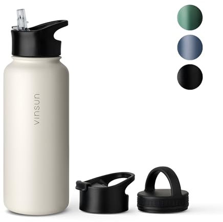 Vinsun Edelstahl Trinkflasche 1L weiß - Strohhalm, Trinköffnung, Drehverschluss - auslaufsicher, Kohlensäure geeignet - leichte Thermosflasche Sport, Outdoor, Büro