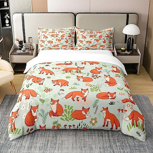 Loussiesd Fuchs 100% Baumwolle Bettwäsche Set Mädchen Bettbezug Set Set Niedlich Cartoon Fuchs Tropisch Leaf Teppiche Tier Woodland Fuchs Bettwäsche-Set Nature Wildlife Betten Set 135x200cm
