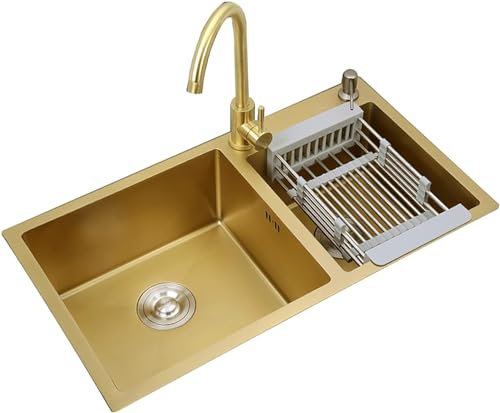 FDQAMLKX Küchenspüle Nano Gold Doppelwaschbecken Bar Handgefertigtes Waschbecken Großes Aufsatzwaschbecken 4,0 mm Dicke mit Zubehör