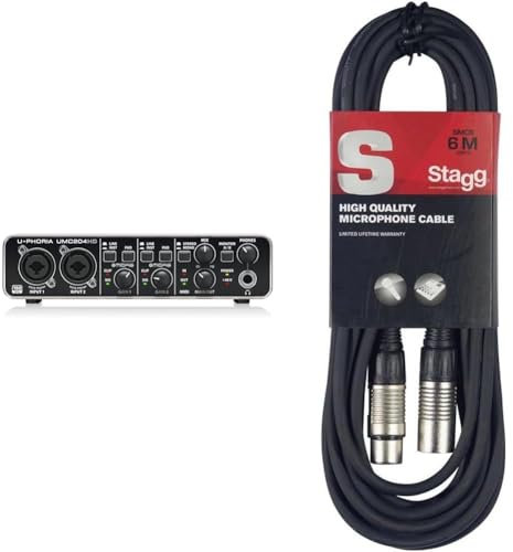 Behringer U-PHORIA UMC204HD Audiophile 2x4, interfaz de audio/MIDI USB de 24 bits/192 kHz & Stagg Cable de micrófono a mezclador Stagg SMC6 XLR (m) -XLR (f) de 6 metros de largo, negro