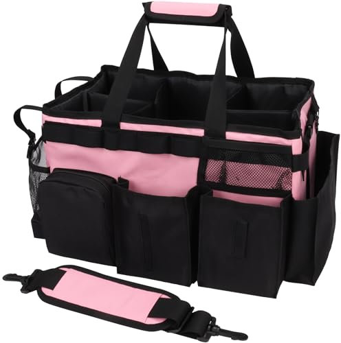 GRTCZYSL Cleaning Caddy Bag - Large Cleaning Supplies Organizer, Wearable Detailing Bag with Handles and Shoulder Strap - Pink