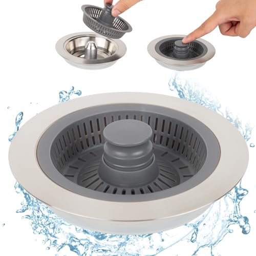 Kitchen Sink Plug Strainer Stainless Steel,Upgraded 3 in 1 Kitchen Sink Strainer,Multifunctional Strainer and Plug,Sink Plug Replacement for Food and Hair Traps,Prevents Odors,Includes 1 Strainer