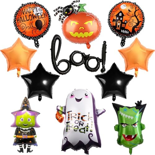 10 Stück Boo Ballon Set, XXL Geist Spinne Kürbis Hexe Monster Folienballon Mit Orange Schwarz Stern Rundes Halloween Party Deko Luftballon für Kinder Happy Nacht Party Dekoration