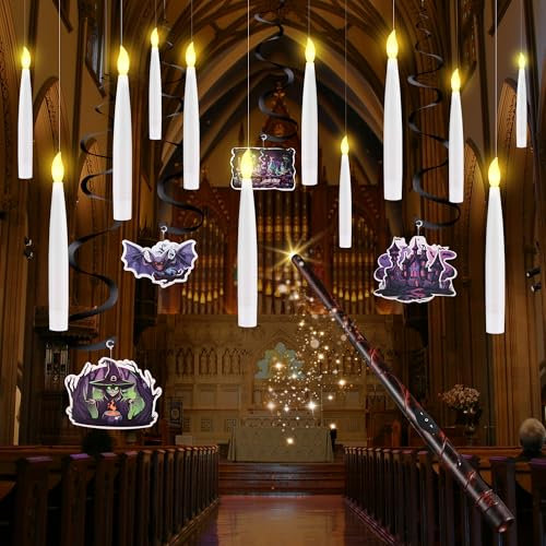DazSpirit 12 Stück Schwebende Kerzen mit Zauberstab Fernbedienung, Flammenlose Led Kerzen, Batteriebetriebene Kerze mit dekorative Bänder & Karten mit Zaubermotiven für Halloween, Weihnachten Partys