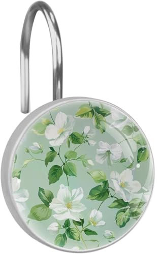 Ganci per tenda da doccia con fiori bianchi, 1 anello per tenda da doccia in vetro antiruggine per bagno, gancio decorativo circolare per tenda e ganci per asta da doccia