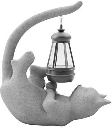 mikilov Katze Harz Statue mit Solar Laterne (Liegend Statue Dekoration, Rasen Statue, Garten Home Decor, Skulptur Ornament, Tierfigur für Balkon Garten