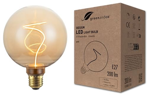 greenandco LED Vintage Glühbirne zur Stimmungsbeleuchtung | dimmbar | E27 G125 | 4,9W 200lm | gold | 1800K extra warmweiß | 320° | 230V | flimmerfrei