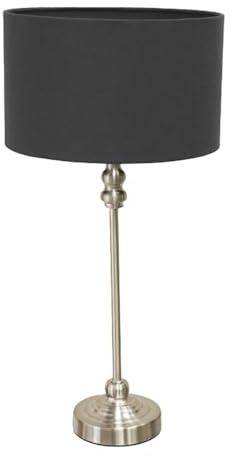 ValueLights | Brushed Chrome Metal Candlestick Table Lamp with Black Fabric Drum Shade Bedside Light | Table Lamps, Home Décor & Improvement Essential | Included LED Bulb