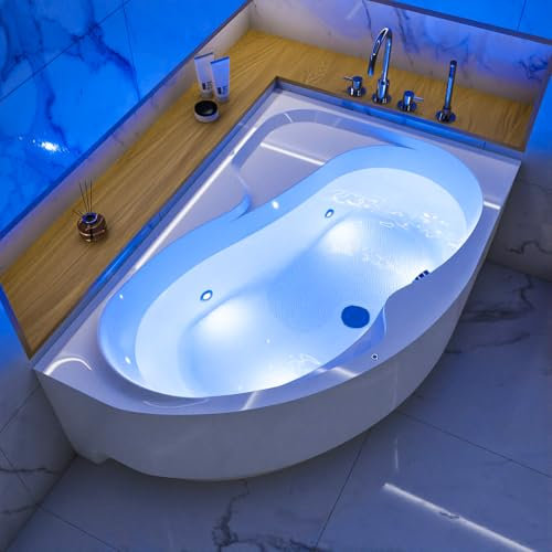 ECOLAM® Badewanne LED Beleuchtung WELA 160x100 cm RECHTS | Eckwanne Antirutsch Beschichtung | Unterwasserbeleuchtung 8 Farben | Schürze Ablaufgarnitur Füße Silikon Komplett-Set