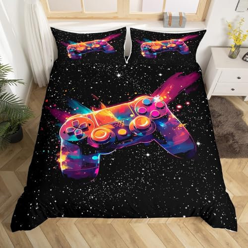 Loussiesd Gaming Bettwäsche Set 135x200cm Tie Dry Gamepad Bettbezug Set Spiel-Enthusiasten Aquarell Betten Set für Teenager Junge Zimmer Dekor Bettwäsche-Set Joystick Controller Bettwäsche Schwarz
