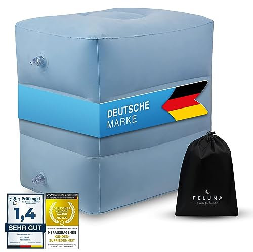 Feluna® Fußablage Fußstütze Fußauflage; Reisekissen für Zug, Auto & Flugzeug-Kissen, aufblasbares Travel Strand- & Campingkissen Multifunktionskissen bis zu 42x38x45 cm (Blau)