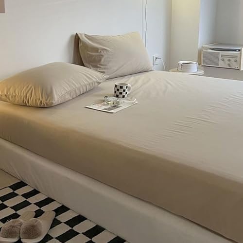 Epinki Betttuch & 2er Kissenbezüge 180x200cm Set 3teilig Abwaschbar, Spannbettlaken Einfarbig Khaki Schlafkomfort, Polyester Tagesdecke für alle Jahreszeiten