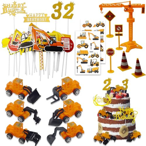 LXBCTOP 45 Stück Bagger Spielzeug Kuchendeko, Tortendeko Baustelle, Kunststoff Baustellenfahrzeuge Kinder mit Verkehrsschilder, Bagger Spielzeugauto Tortenfiguren für 2 3 Kinder Geburtstag